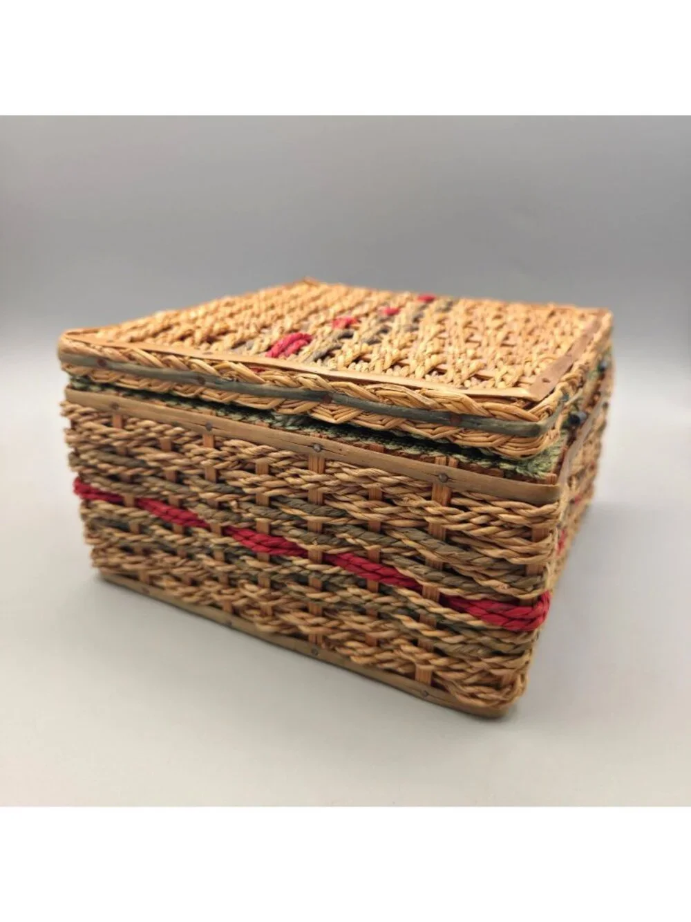 Vintage Woven Sewing Basket Hinged Lid Mid Century Green Satin Lining Cottage